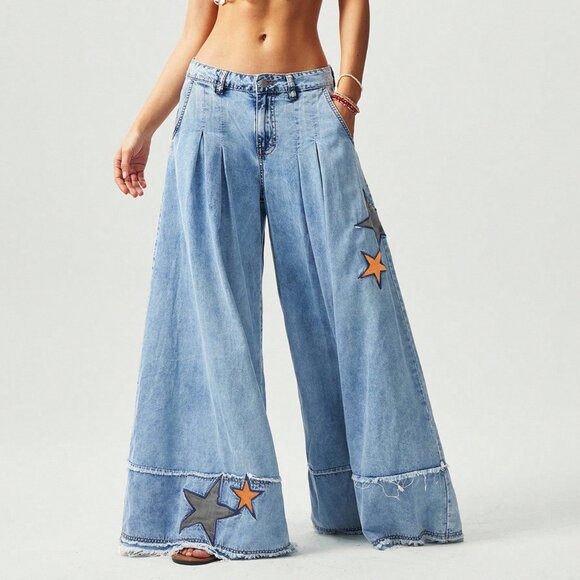 Casual Womens Light Wash Blue Star Patch Wide leg Frayed Detail Denim Jean pant - Picture 1 of 7